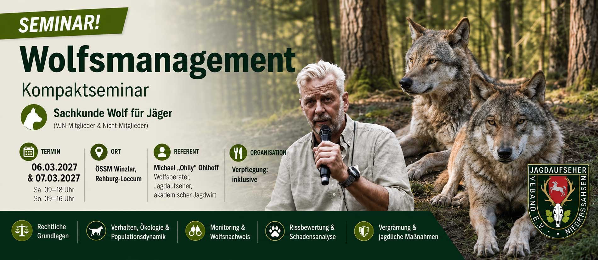 Flyer for the compact seminar on wolf management, 6–7 March 2027, ÖSSM Winzlar